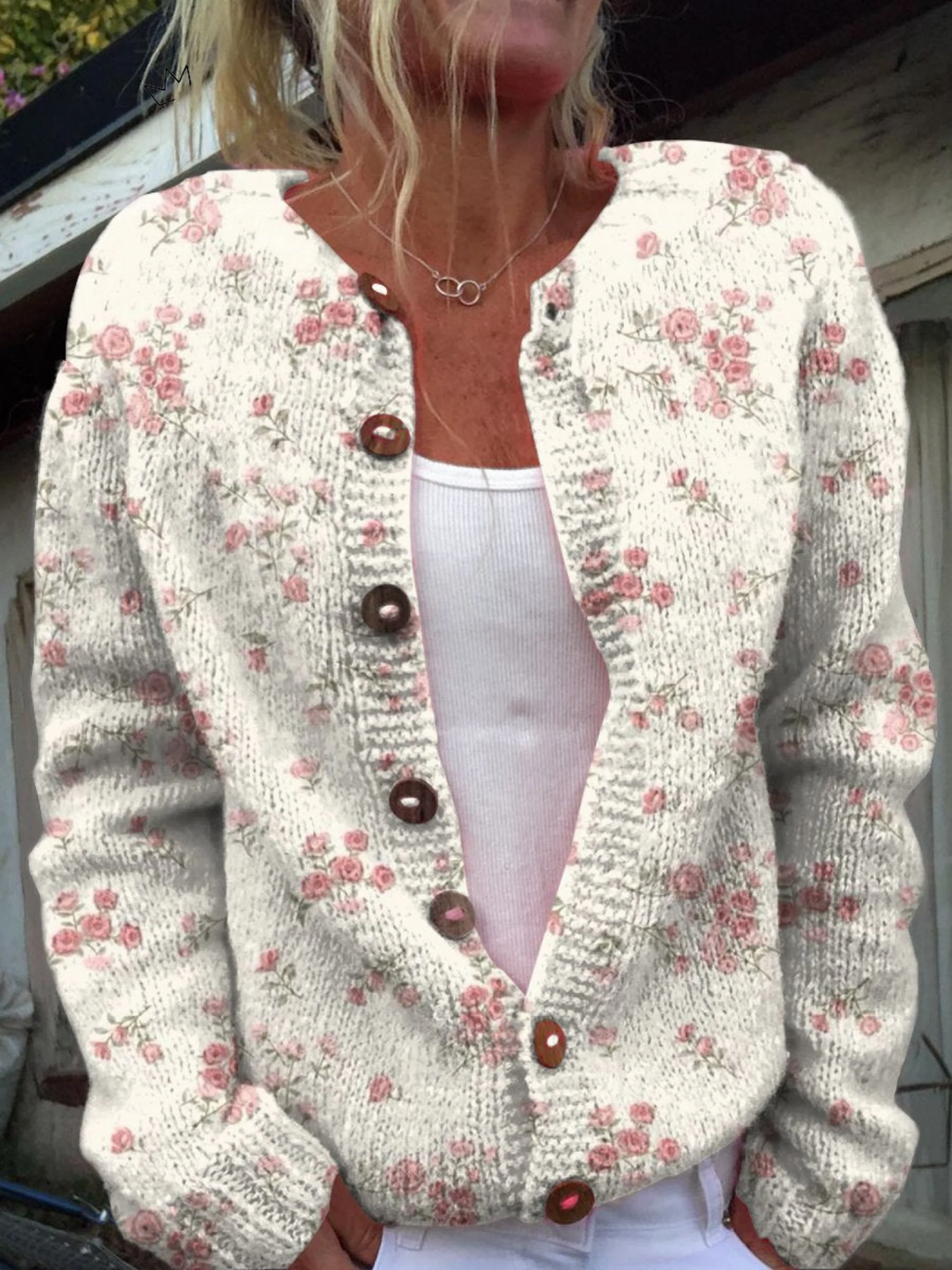Evelyn | Pink Rose Florets Print Buttoned Cardigan