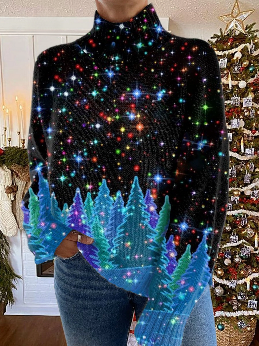 Elle | Shiny Christmas high-collar knit sweater