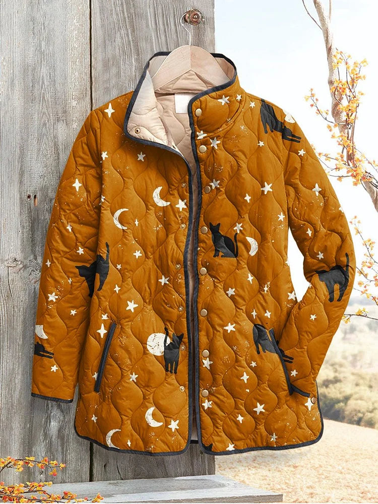 Elle | Casual Quilted Jacket with Black Cat Halloween Print