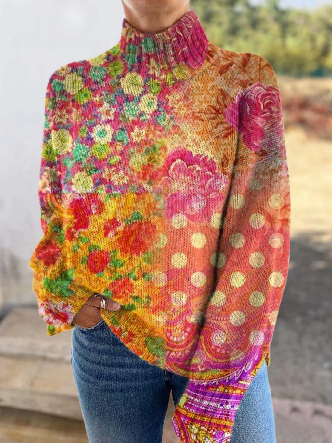 Elle | Floral polka dot knit turtleneck sweater