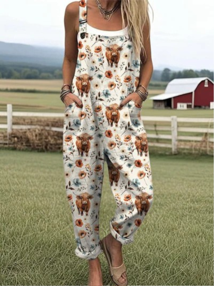 Harlow | Highland Cow Floral Overalls