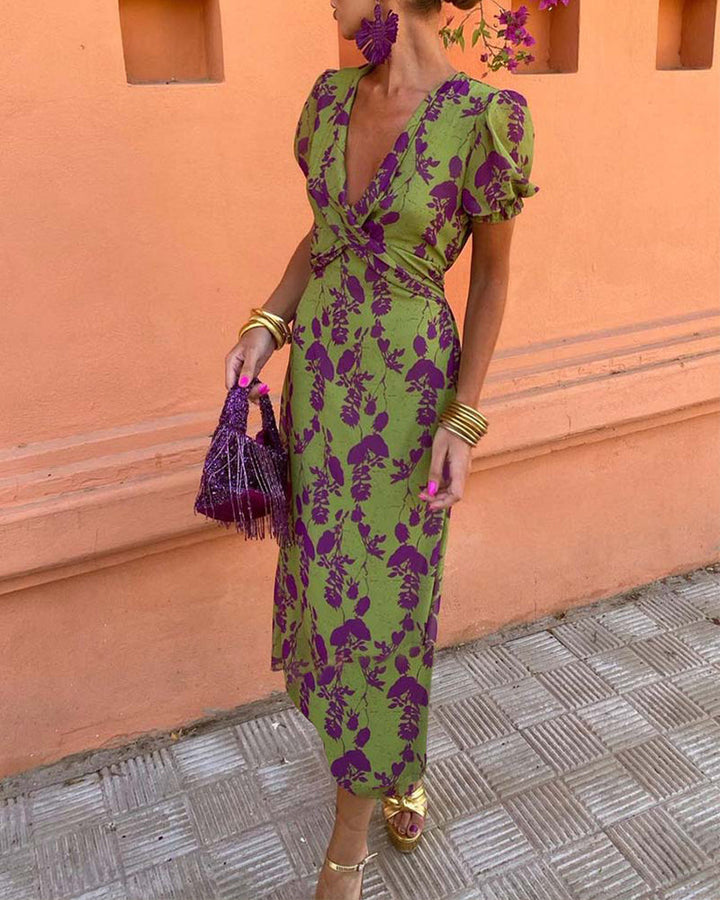Lila™ - Chic Deep V-neck Dress with Leaf Design