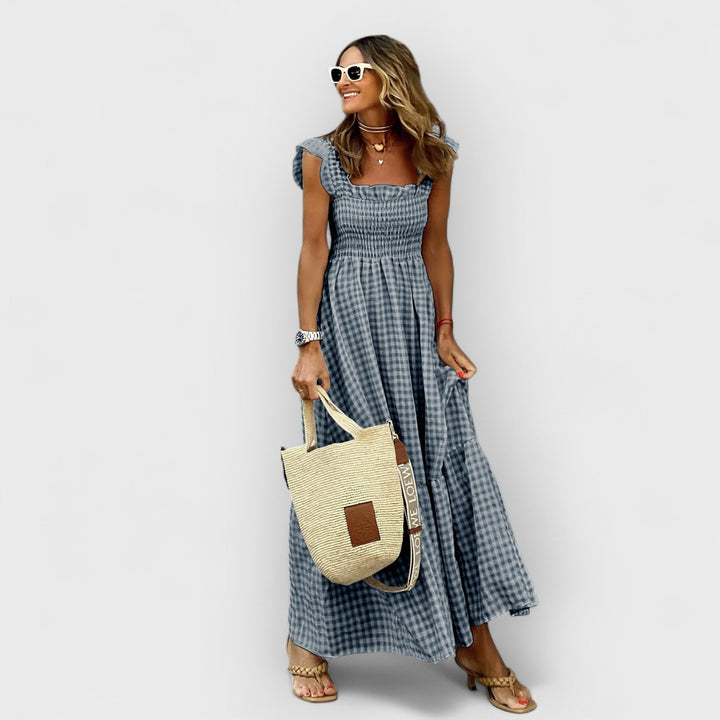 Isla™ – Plaid Maxi Dress with Ruffle Sleeves