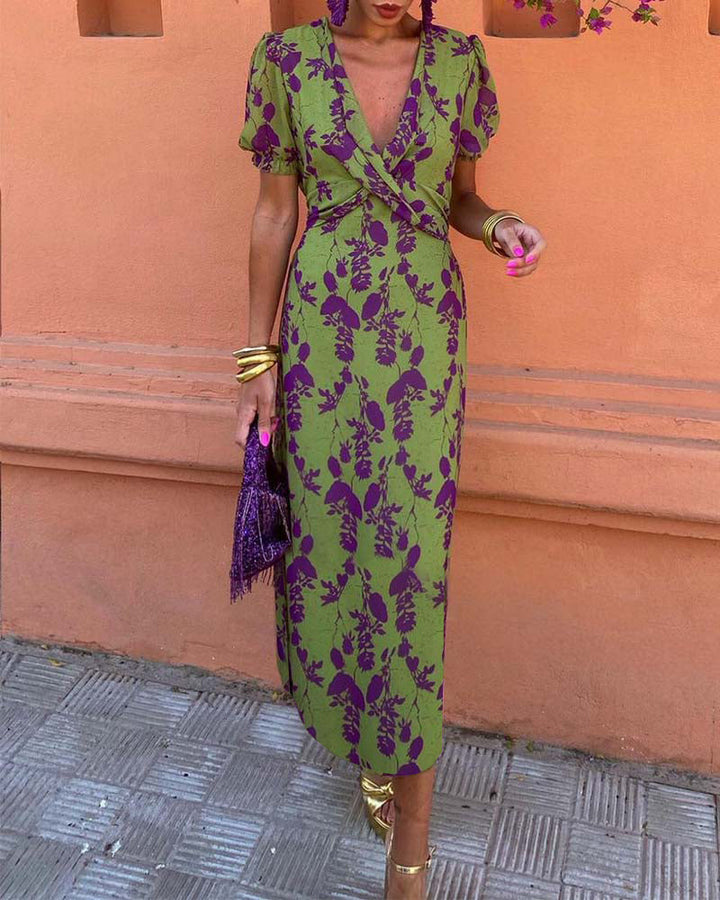Lila™ - Chic Deep V-neck Dress with Leaf Design