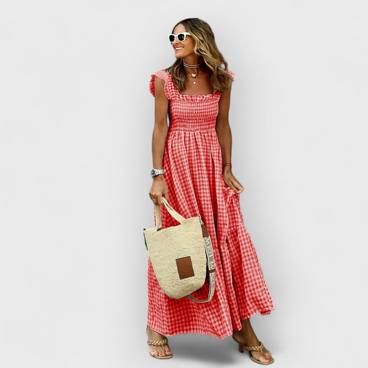 Isla™ – Plaid Maxi Dress with Ruffle Sleeves