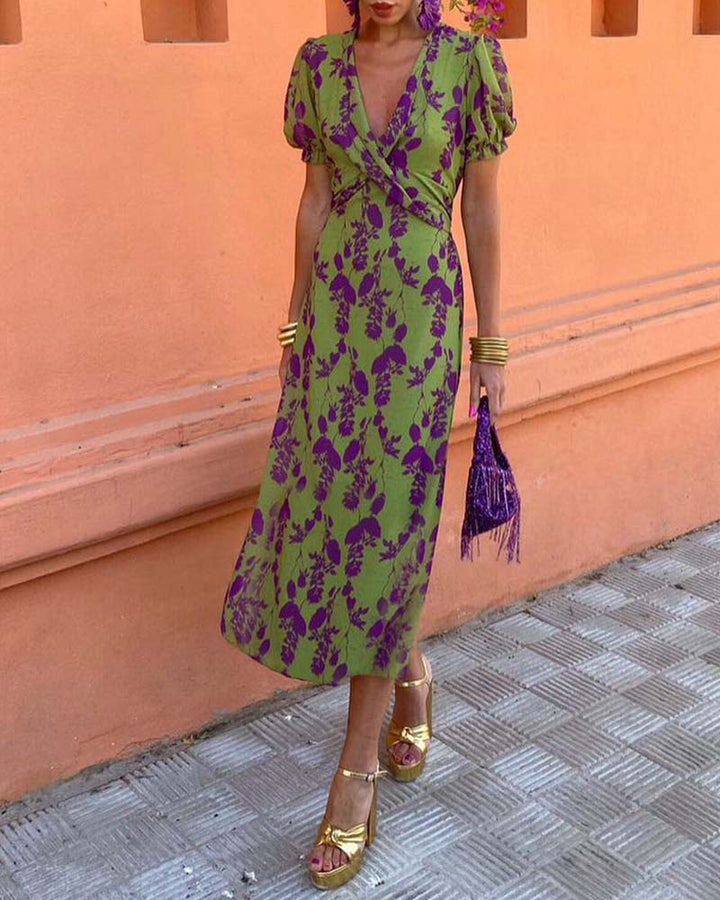 Lila™ - Chic Deep V-neck Dress with Leaf Design
