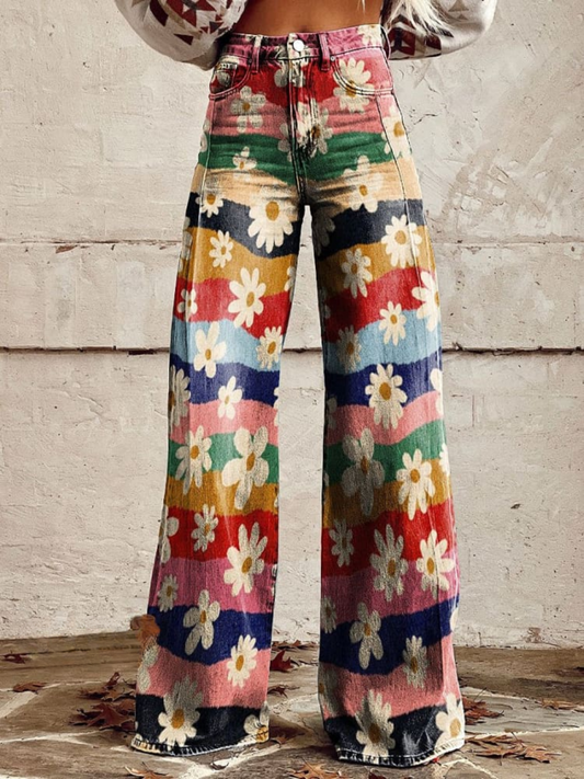 Sophie™ - Retro Floral Striped Wide Leg Trousers
