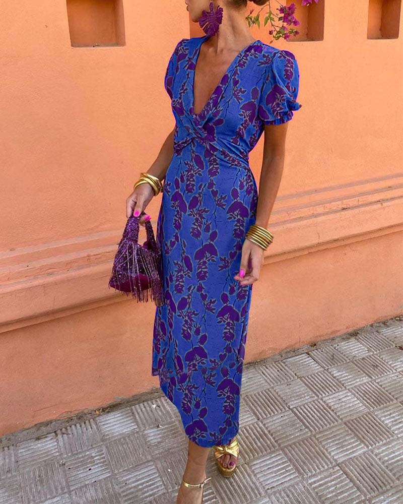Lila™ - Chic Deep V-neck Dress with Leaf Design