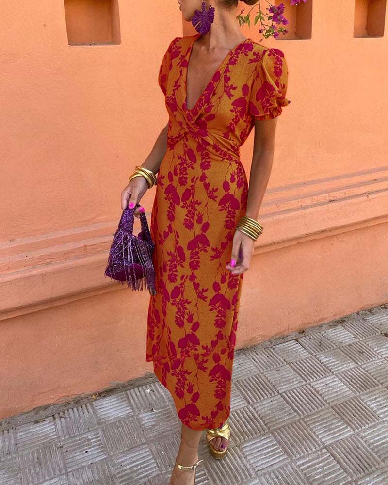 Lila™ - Chic Deep V-neck Dress with Leaf Design