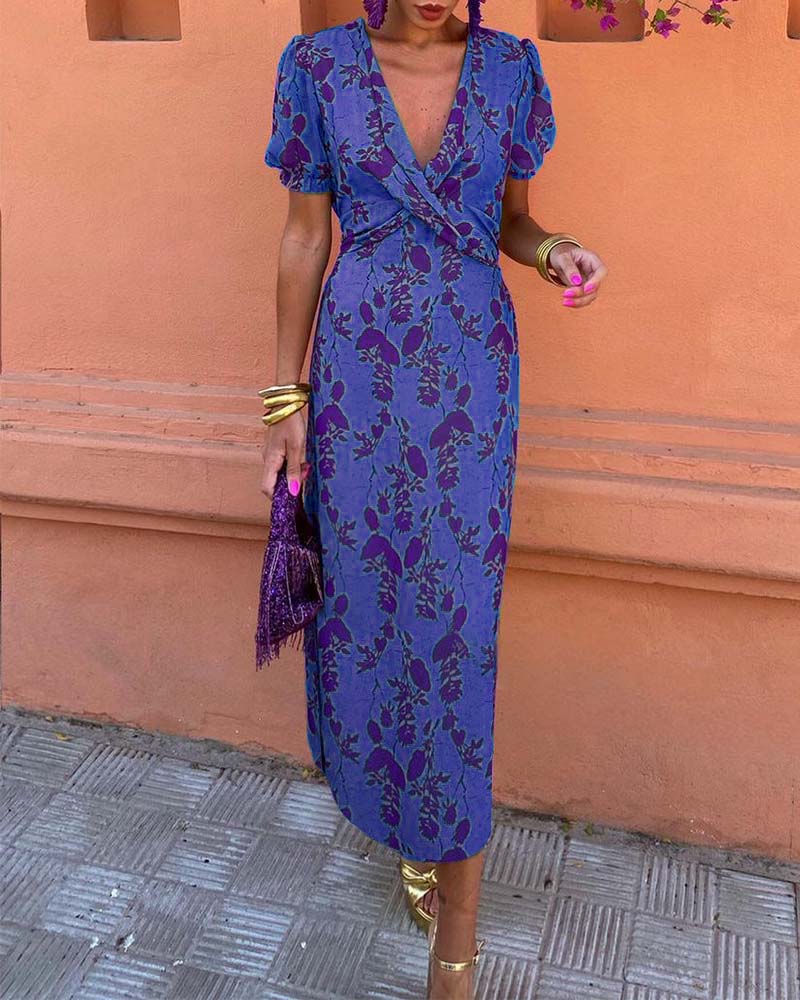 Lila™ - Chic Deep V-neck Dress with Leaf Design