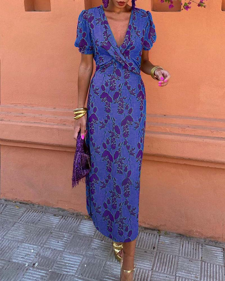 Lila™ - Chic Deep V-neck Dress with Leaf Design