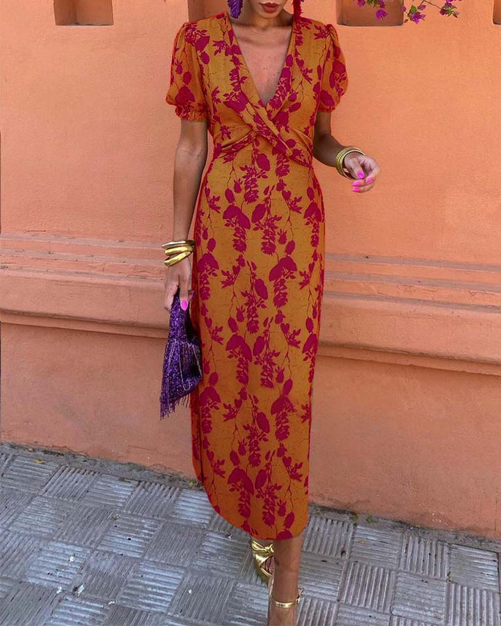 Lila™ - Chic Deep V-neck Dress with Leaf Design