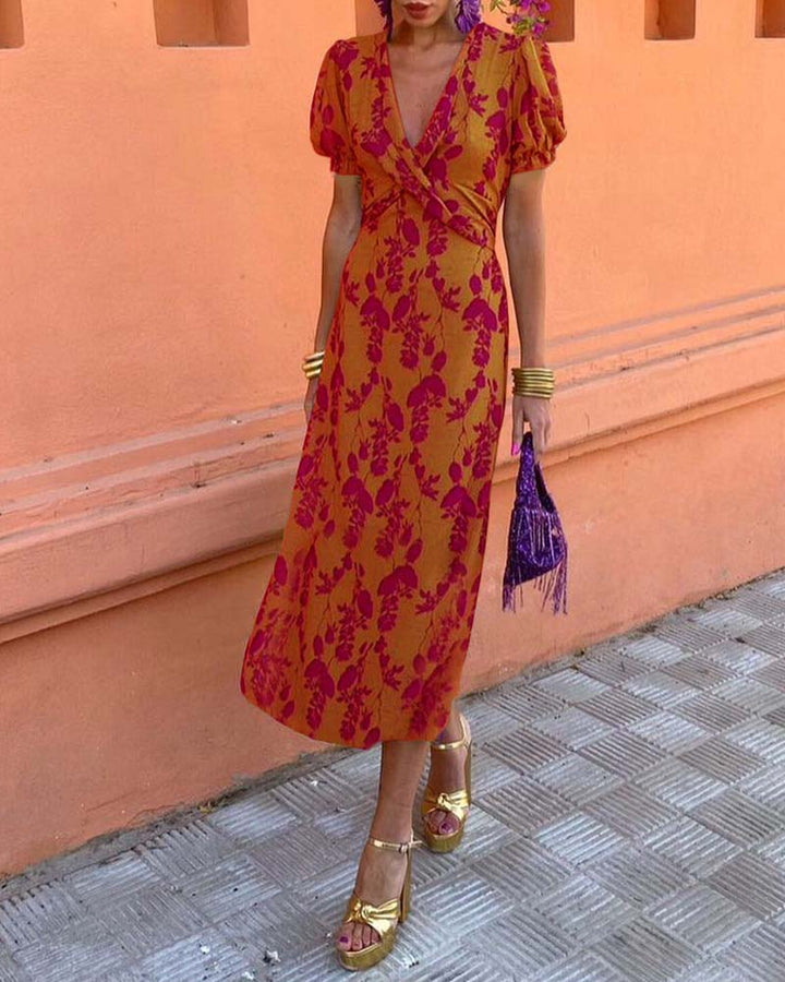 Lila™ - Chic Deep V-neck Dress with Leaf Design