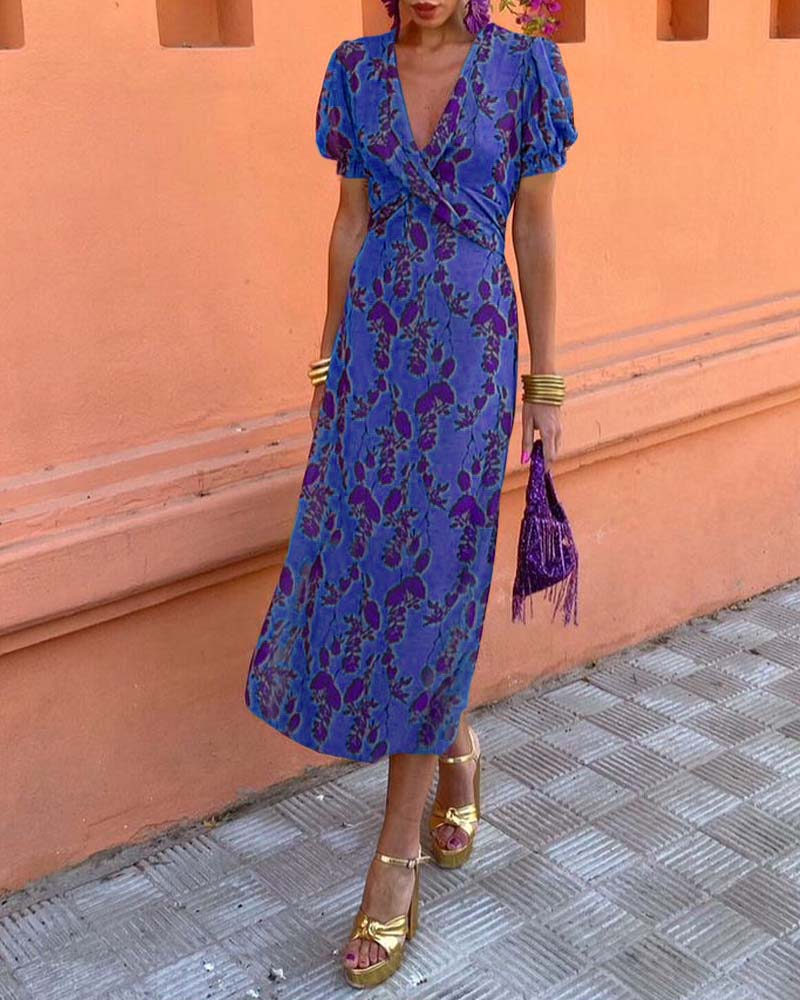 Lila™ - Chic Deep V-neck Dress with Leaf Design