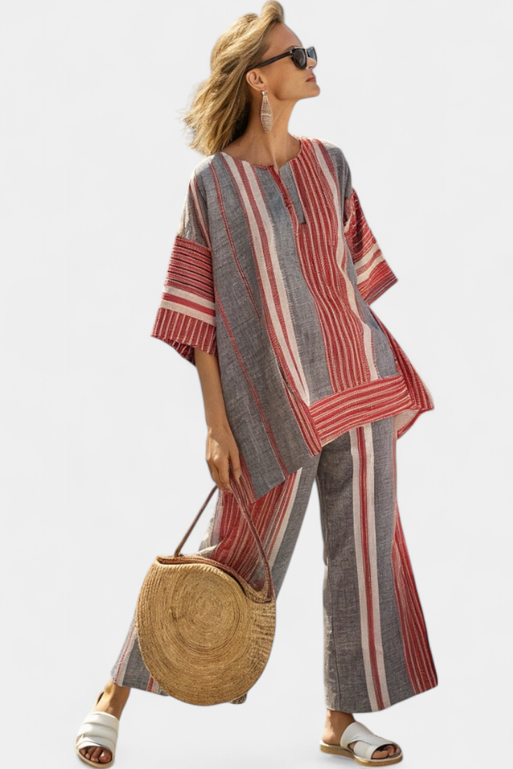 Daisy Oversized Set with Coral Red and Gray Stripes