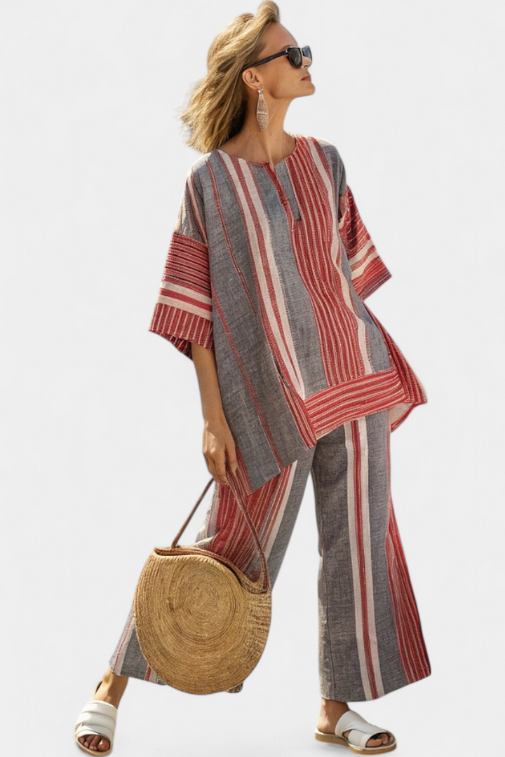 Daisy Oversized Set with Coral Red and Gray Stripes