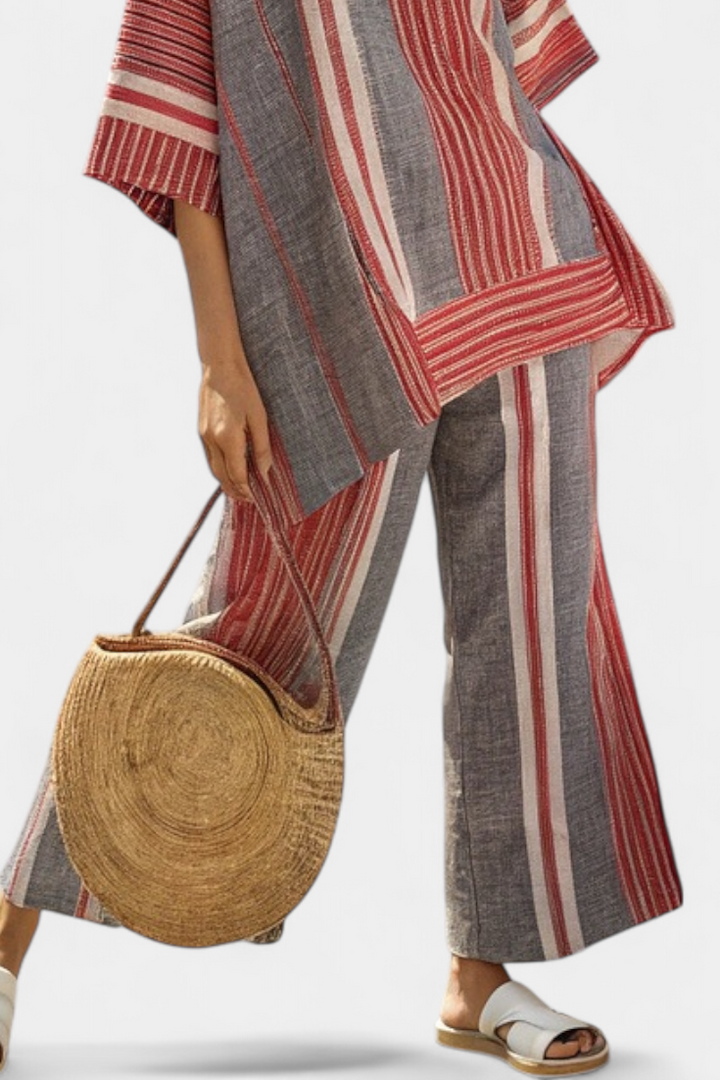 Daisy Oversized Set with Coral Red and Gray Stripes