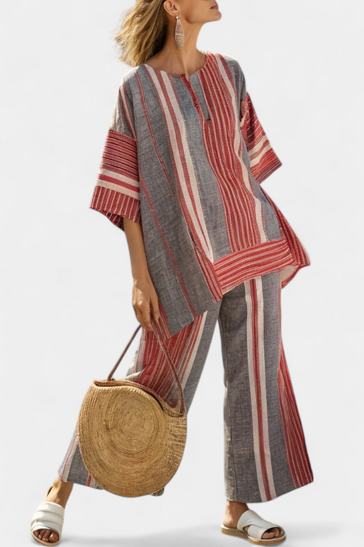 Daisy Oversized Set with Coral Red and Gray Stripes