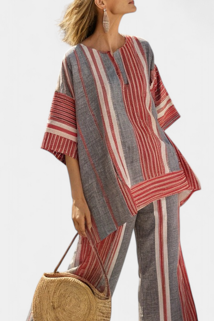 Daisy Oversized Set with Coral Red and Gray Stripes