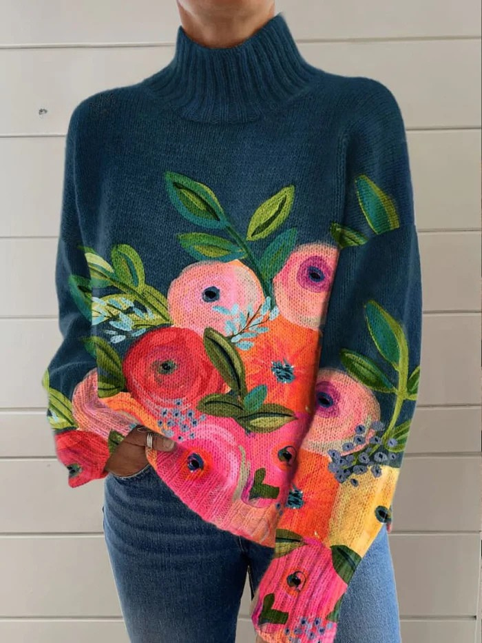Elle | Retro floral pattern turtleneck sweater