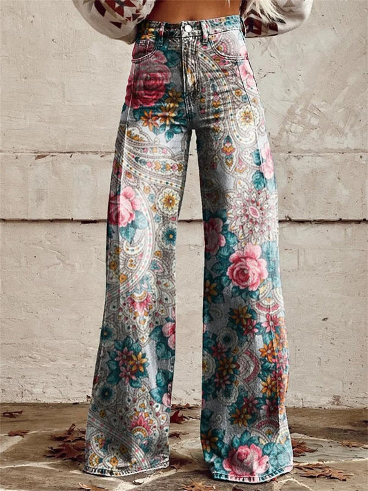 Alyssa™ - Retro Floral Print Wide Leg Pants