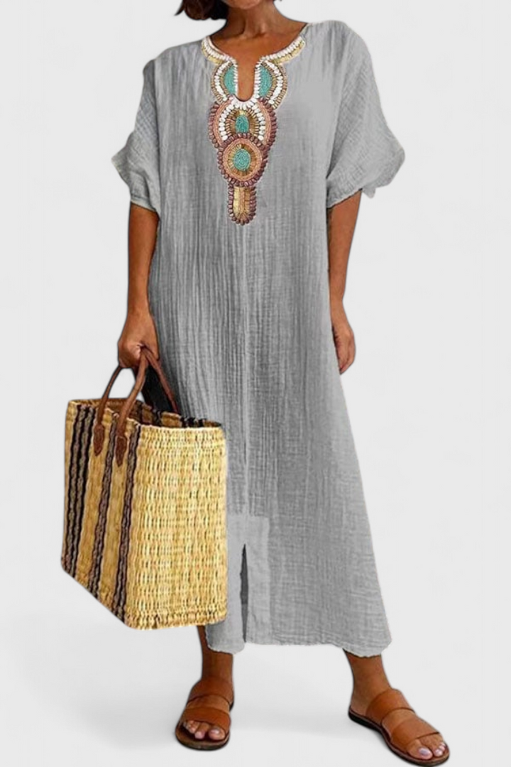 Sherri Long Cotton Dress with Ethnic Embroidery Detail