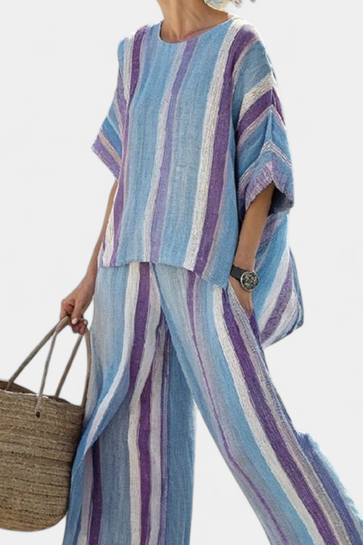 Daisy Striped Set in Mauve and Pastel Blue