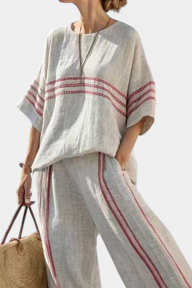 Daisy Two-Piece Mediterranean Set in Natural with Crimson Embroidery