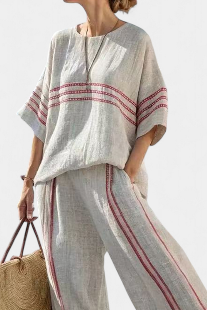 Daisy Two-Piece Mediterranean Set in Natural with Crimson Embroidery