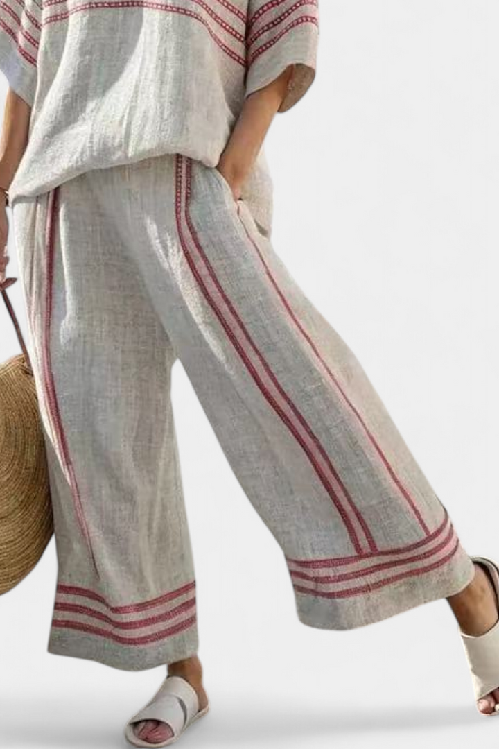 Daisy Two-Piece Mediterranean Set in Natural with Crimson Embroidery
