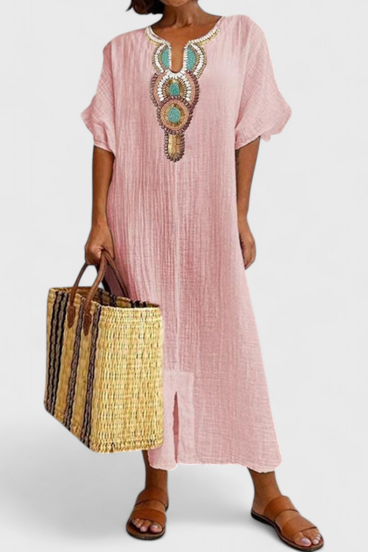Sherri Long Cotton Dress with Ethnic Embroidery Detail
