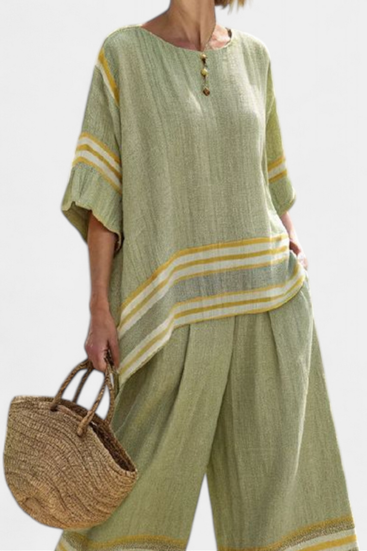 Daisy Two-Piece Mediterranean Set in Olive Green and Mustard Stripes