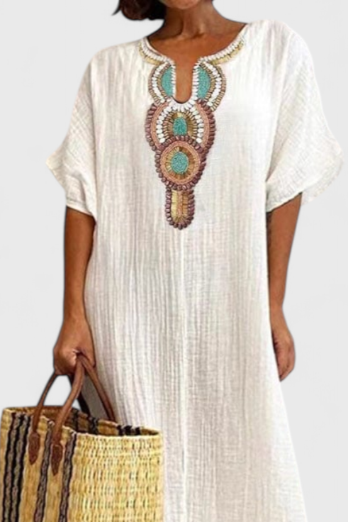 Sherri Long Cotton Dress with Ethnic Embroidery Detail