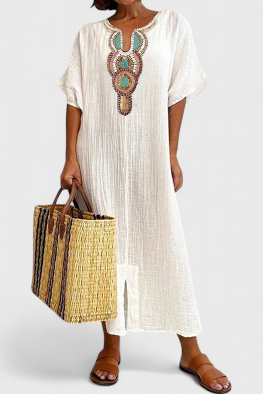Sherri Long Cotton Dress with Ethnic Embroidery Detail