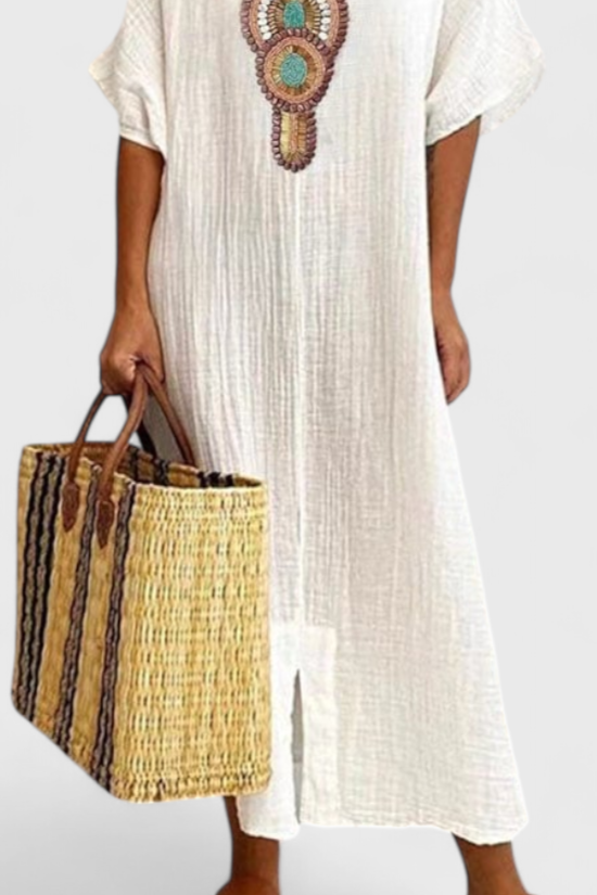 Sherri Long Cotton Dress with Ethnic Embroidery Detail