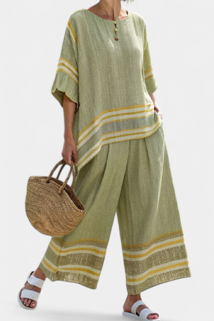Daisy Two-Piece Mediterranean Set in Olive Green and Mustard Stripes