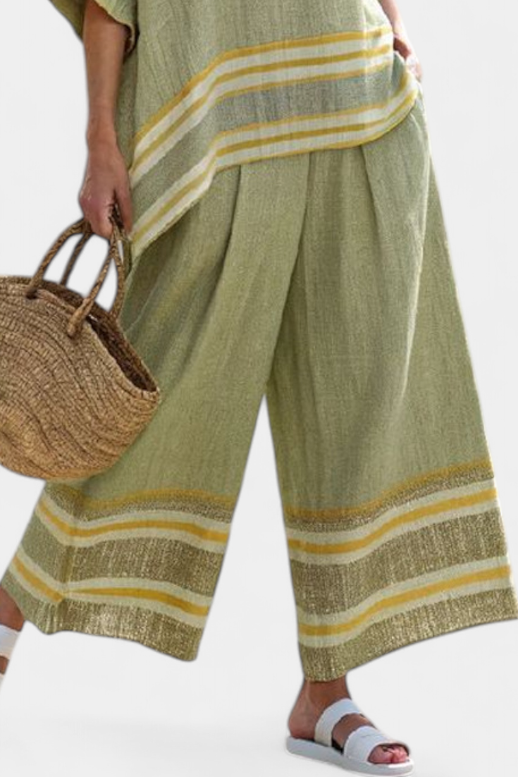 Daisy Two-Piece Mediterranean Set in Olive Green and Mustard Stripes