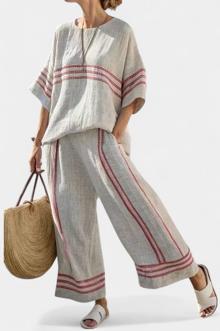 Daisy Two-Piece Mediterranean Set in Natural with Crimson Embroidery