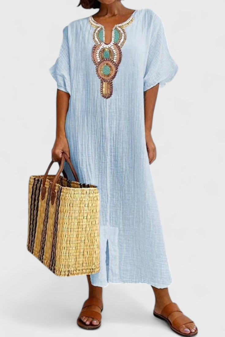 Sherri Long Cotton Dress with Ethnic Embroidery Detail