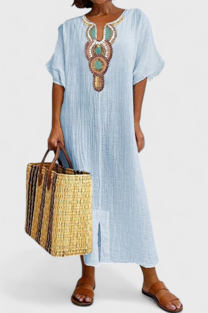 Sherri Long Cotton Dress with Ethnic Embroidery Detail